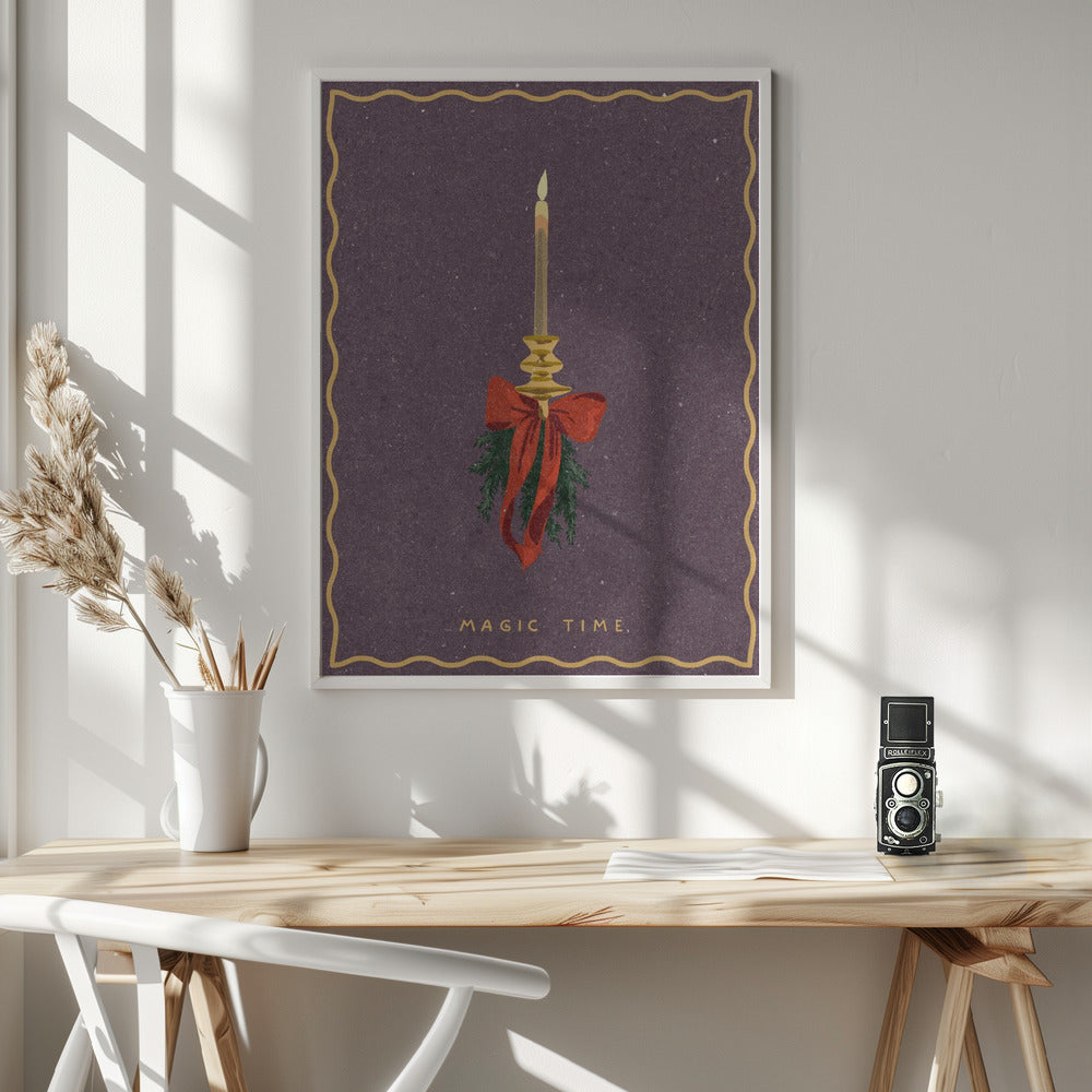 Candle with bow and spruce sprigs Poster