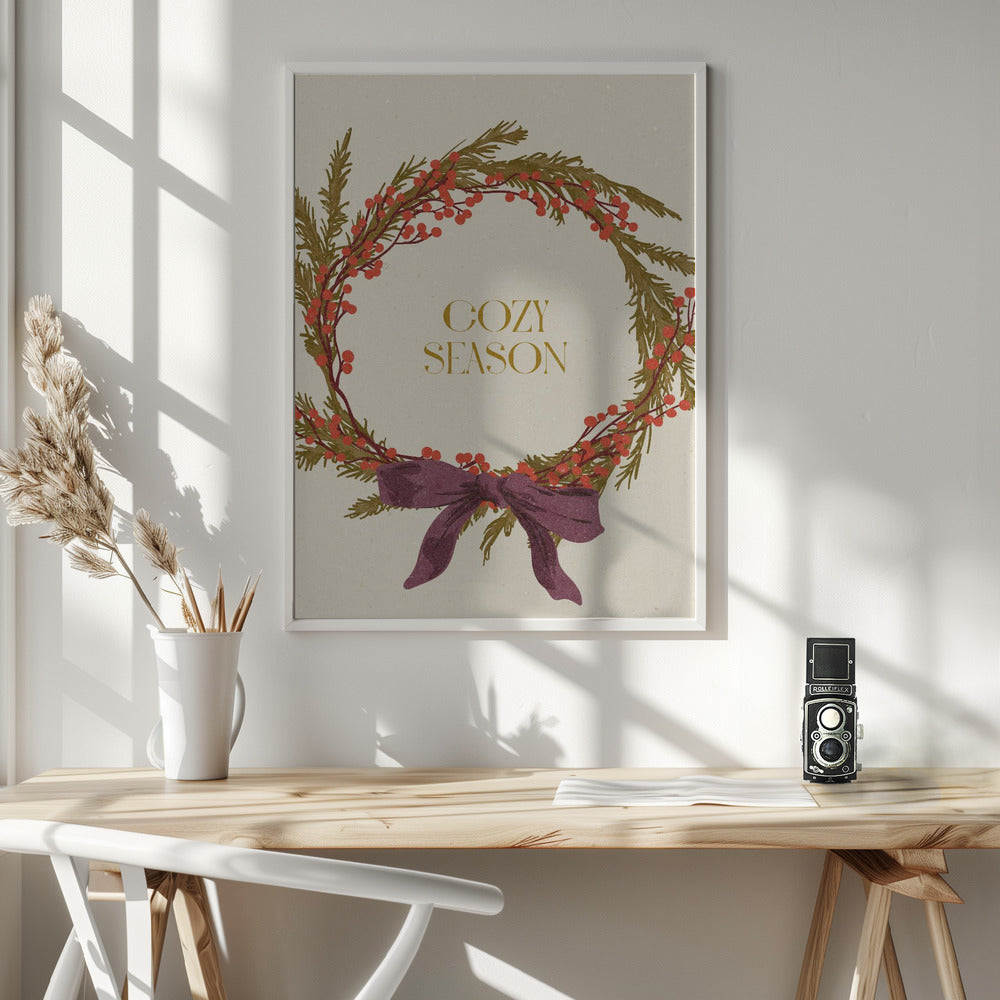 Cozy Season. Christmas wreath with bow Poster