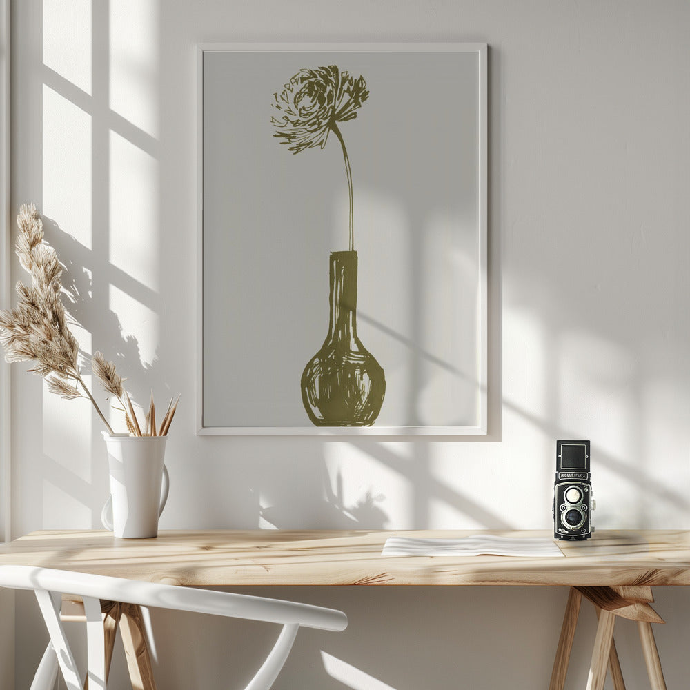 Flower in a vase ink sketch (olive green) Poster