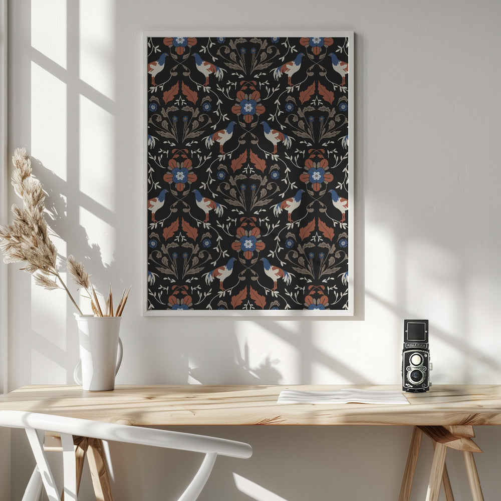 Roosters Beige Pattern Poster