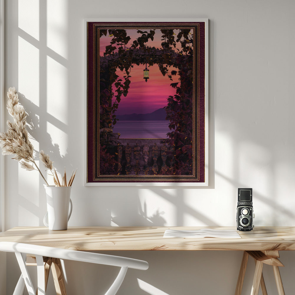 Sunset view with ornate &amp; gold burgundy frame Poster