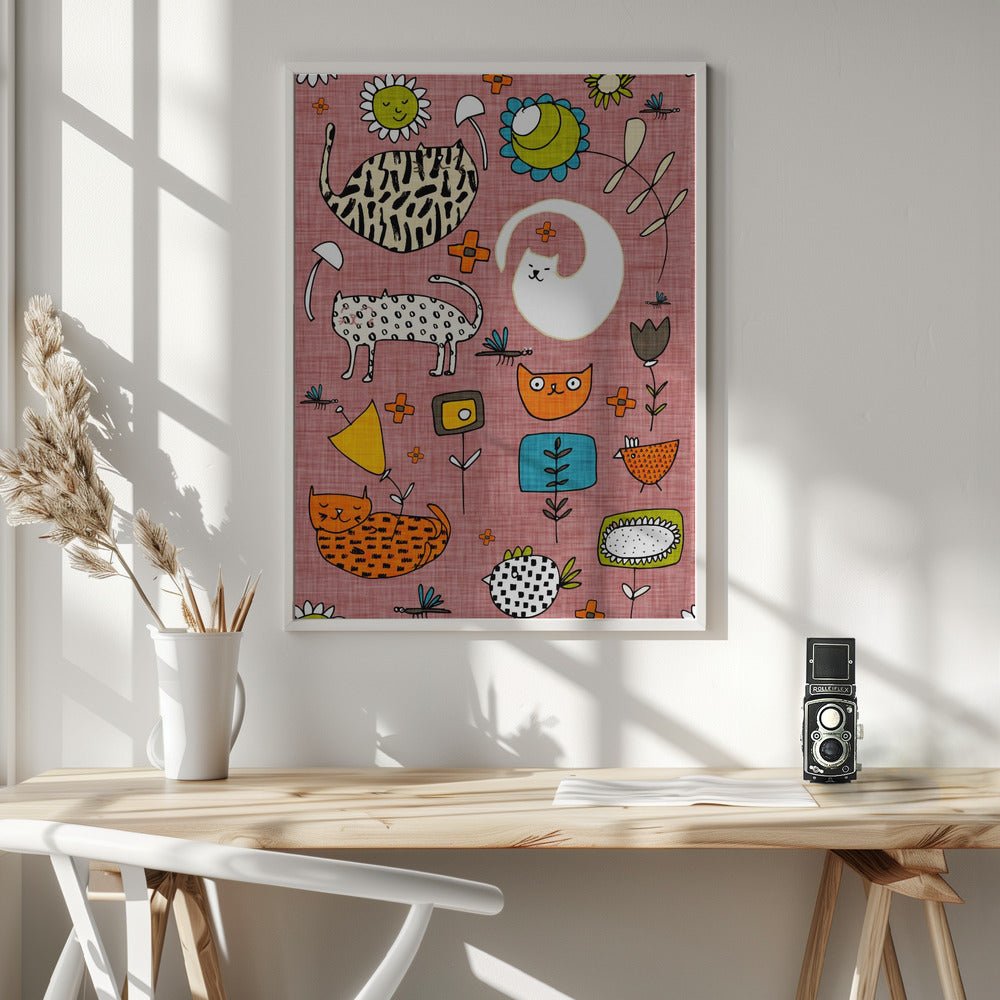Spring Cat Pink - Cute Whimsical Cats with Flowers Poster