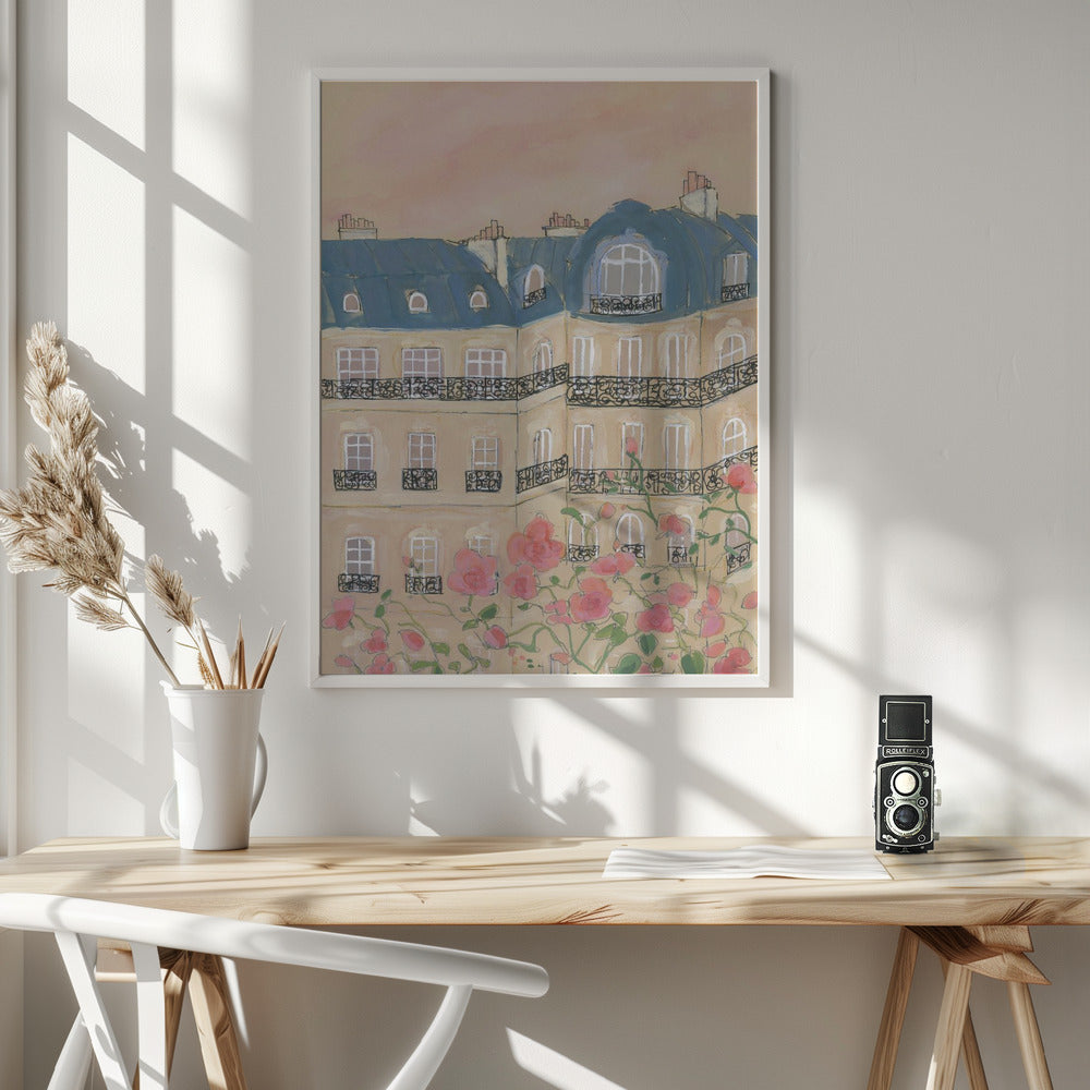 Sunset Over Paris Buildings Poster