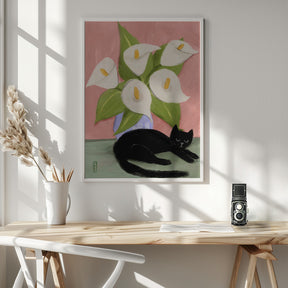 Lilies In a Vase and a Black Cat  - Still Life Illustration Poster