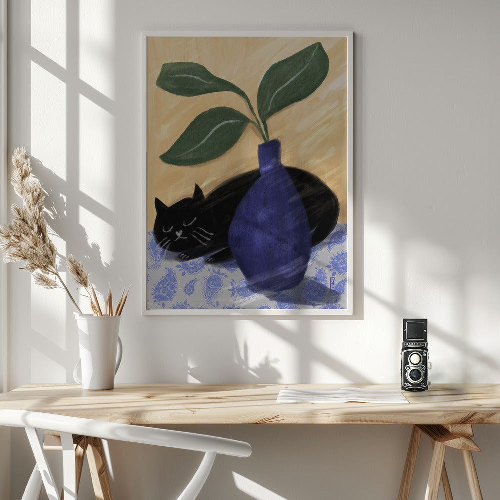 Sleeping Black Cat On Paisly Lia Illustration Poster