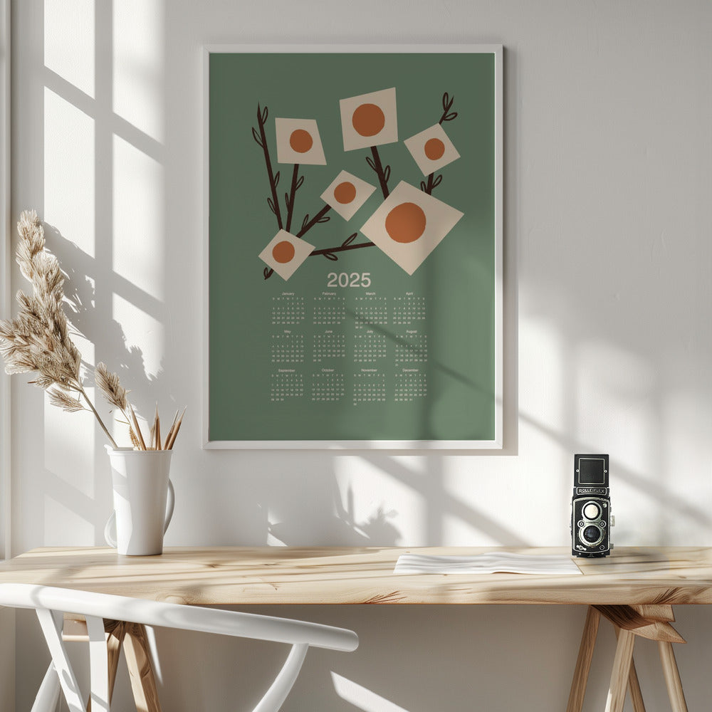 Sunburst Blossoms Sage 2025 Mid Century Calendar Poster