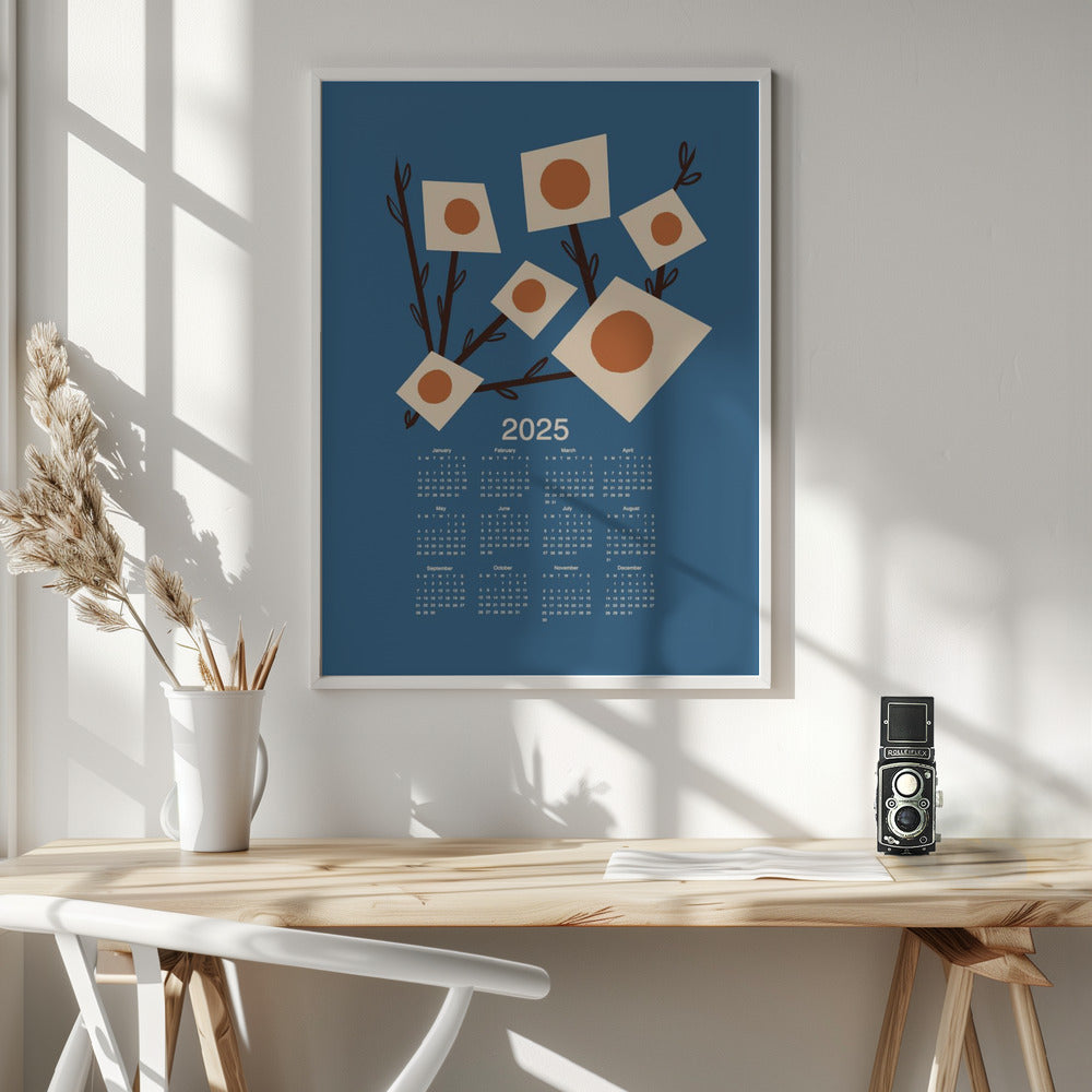 Sunburst Blossoms Blue 2025 Mid Century Calendar Poster