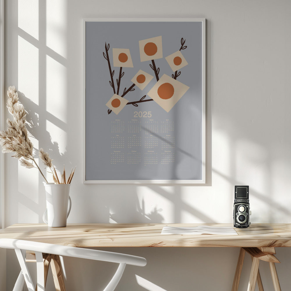 Sunburst Blossoms Grey 2025 Mid Century Calendar Poster