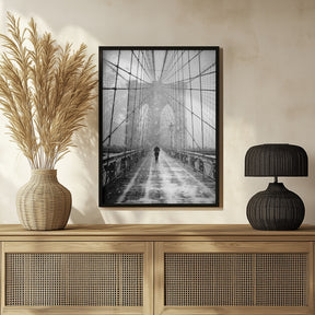 New York Walker in Blizzard - Brooklyn Bridge Poster