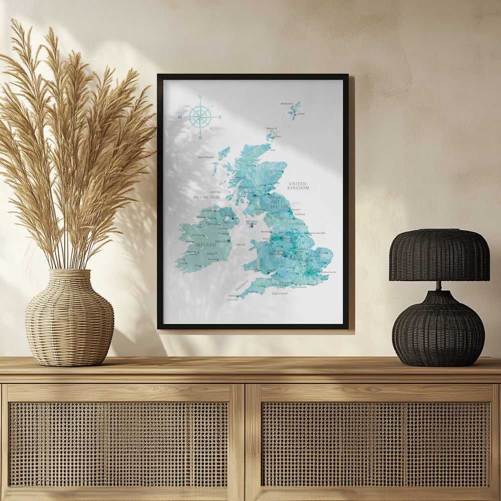 Aquamarine watercolor map of the United Kingdom Poster