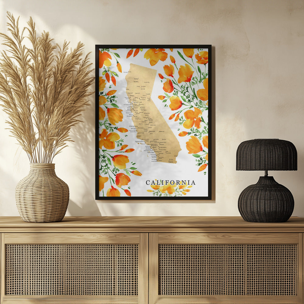 California map with watercolor poppies Poster