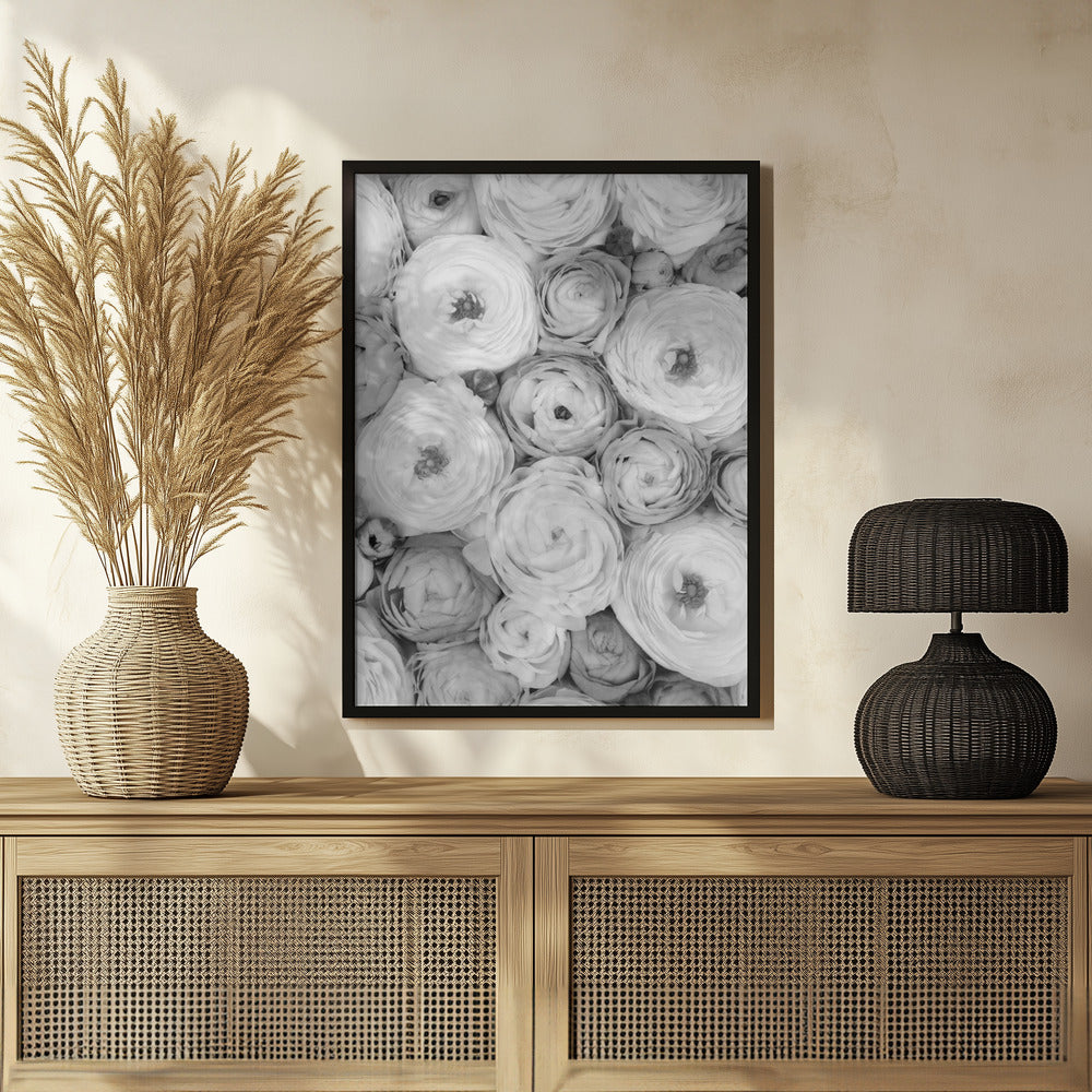 Scattered ranunculus grayscale I Poster