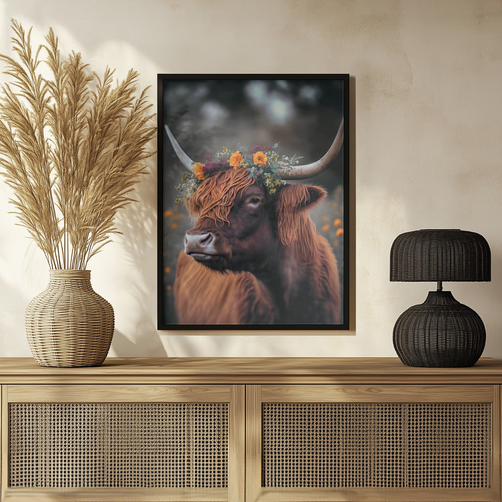 Highland Cow With Flowers Poster