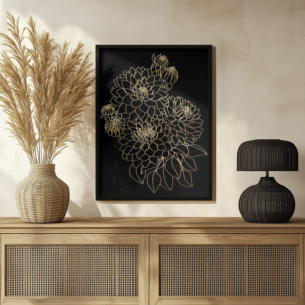 Pacey dahlias bouquet in gold and black Poster