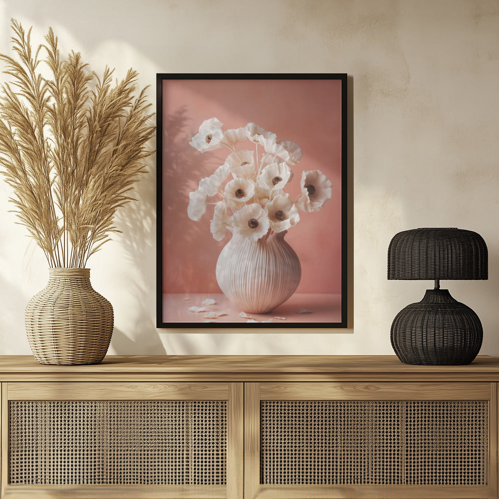 White Poppy On Coral Background Poster