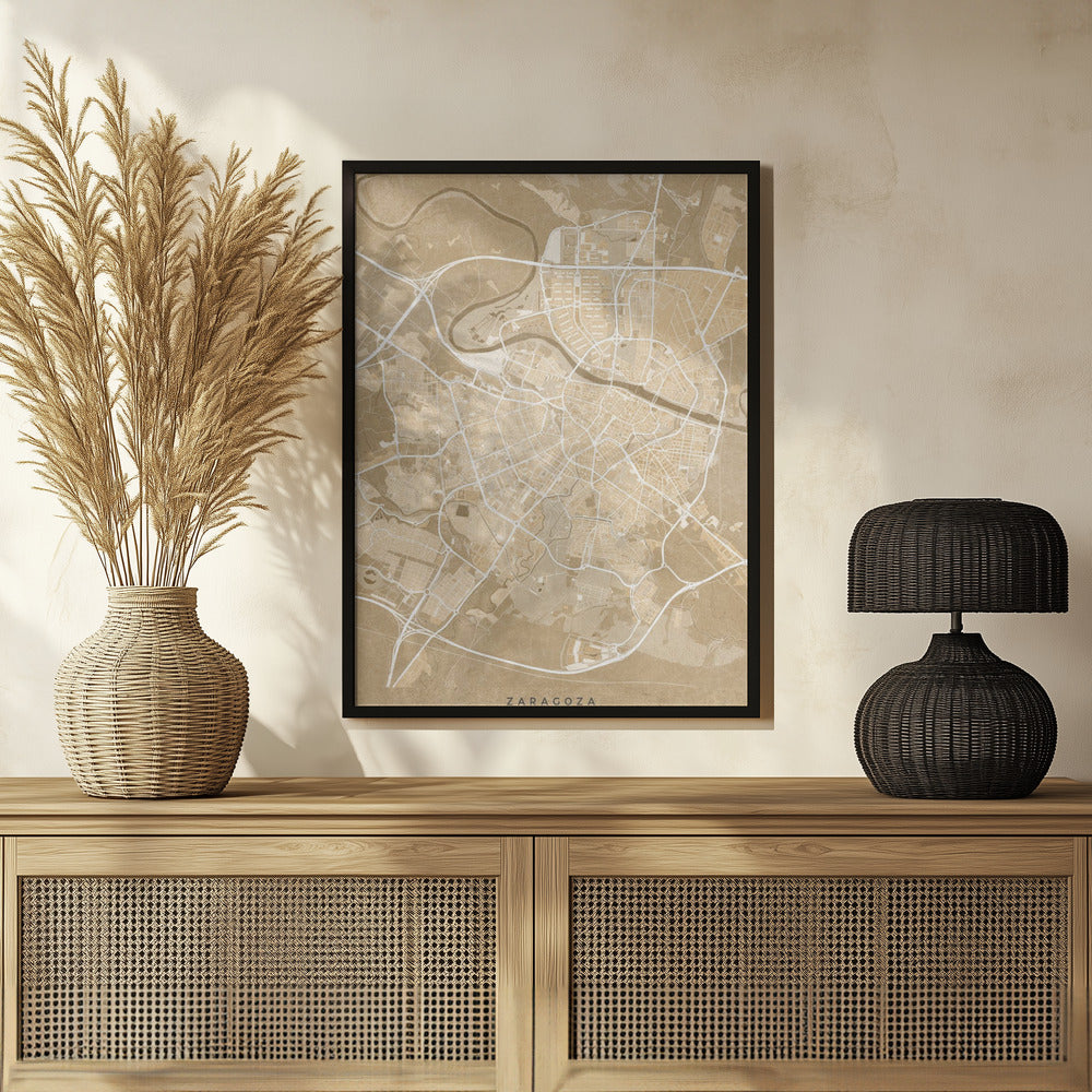 Map of Zaragoza (Spain) in sepia vintage style Poster