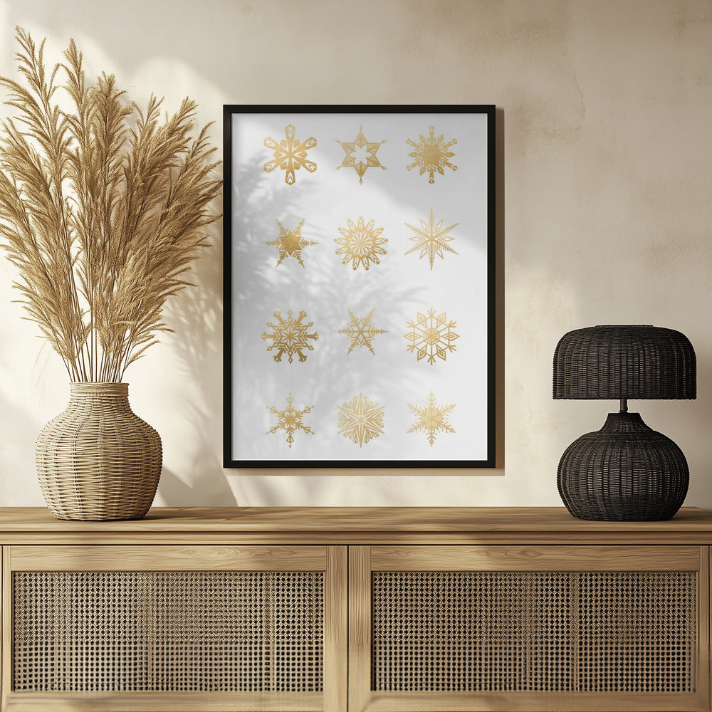 Twelve geometric snowflakes in gold Poster