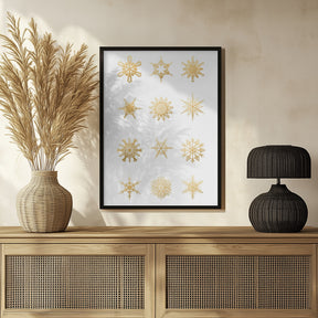 Twelve geometric snowflakes in gold Poster