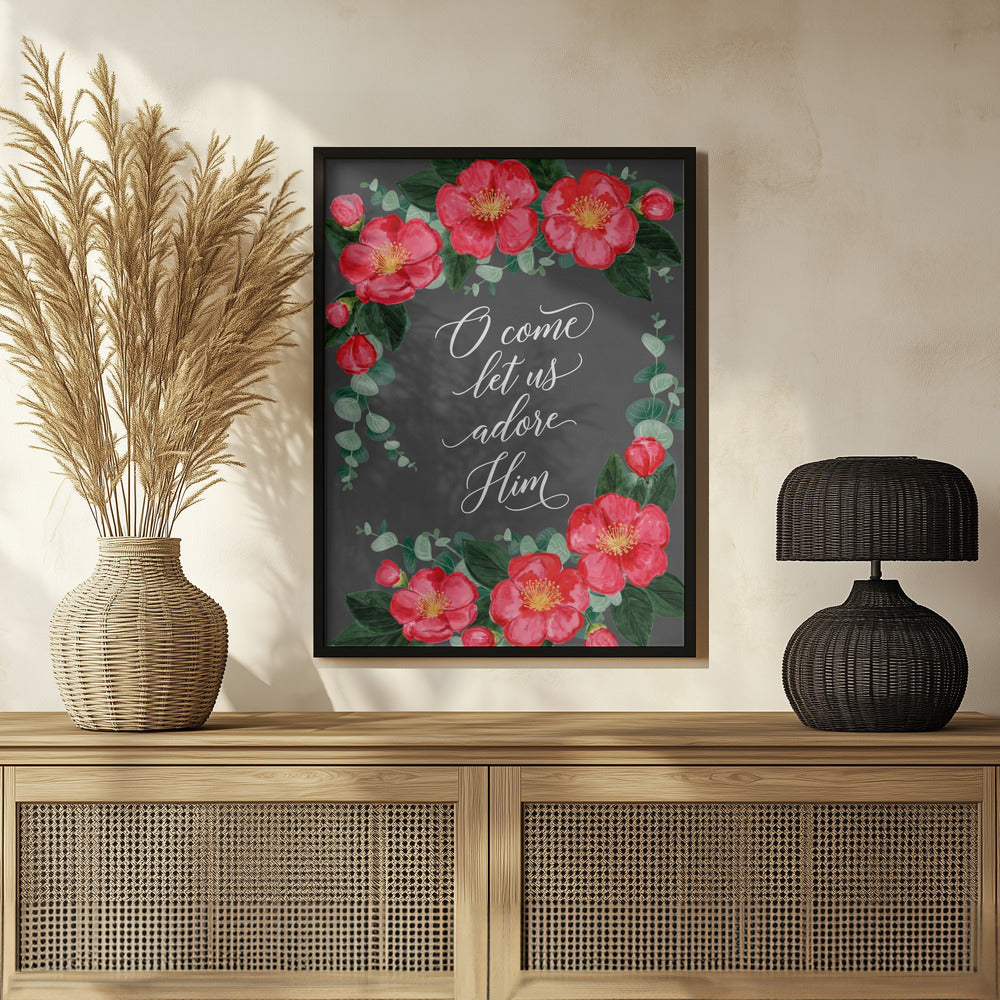 Watercolor camellias Let us adore Him Poster