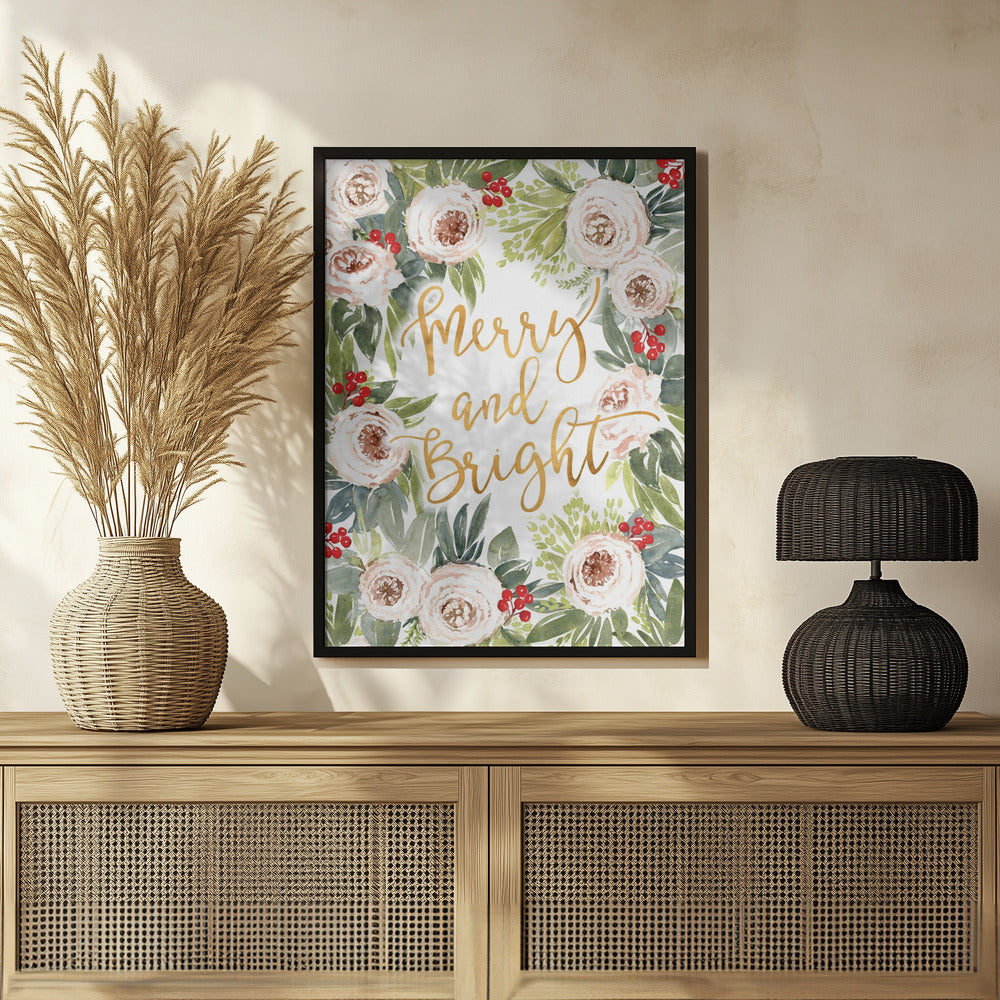 Merry and bright holiday roses and berries Poster