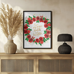 Holiday wishes wreath of red English roses Poster