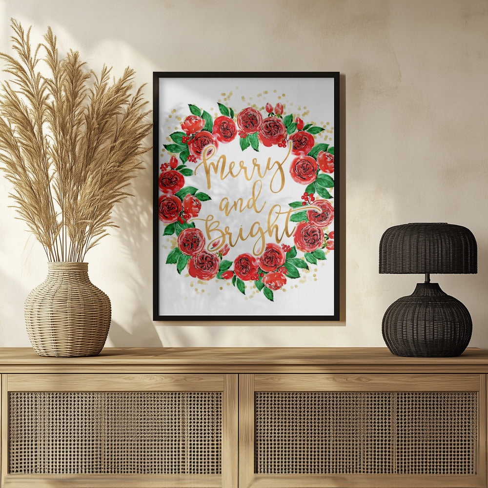 Merry and bright wreath of red English roses Poster