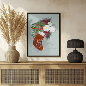 Floral Stocking Merry Christmas in mint Poster