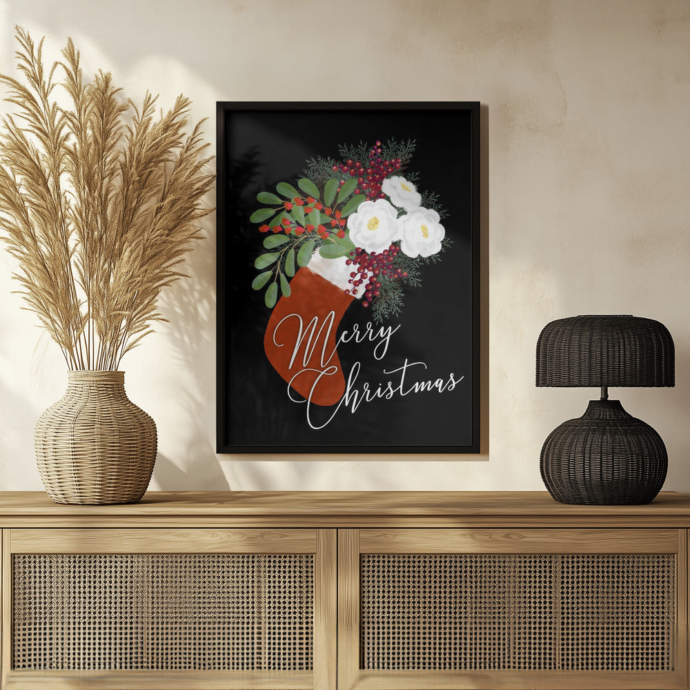 Floral Stocking Merry Christmas in black Poster