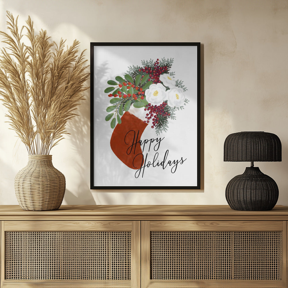 Floral Stocking Happy holidays in white Poster