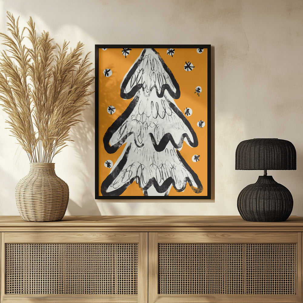 Christmas Tree And Snow Yellow Poster