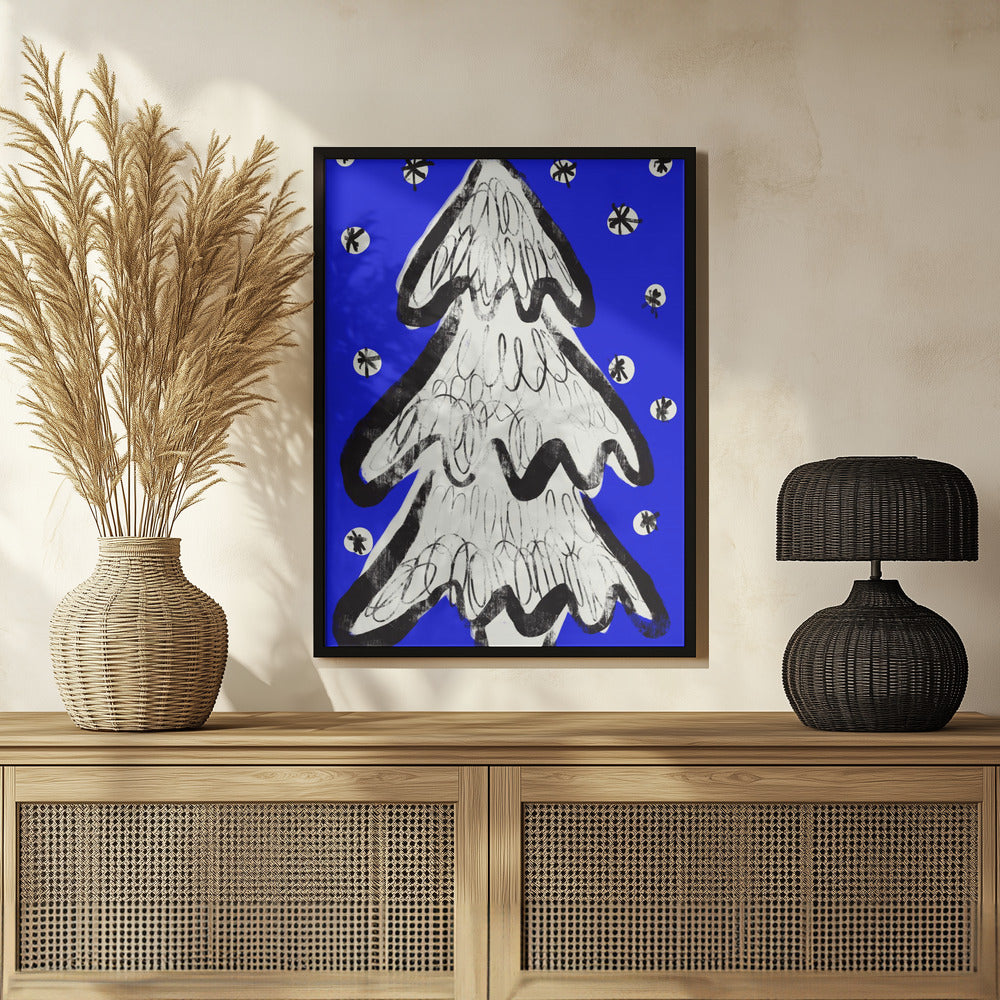 Christmas Tree And Snow Blue Poster