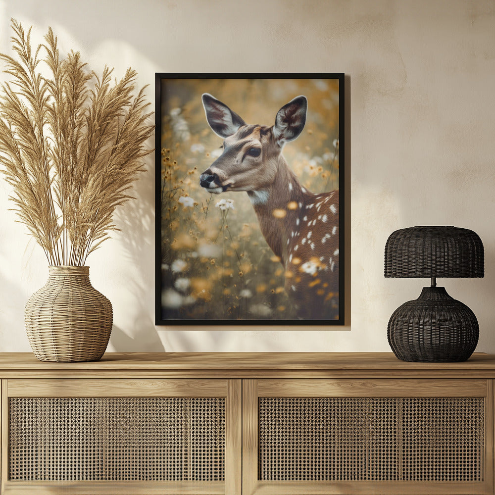 Deer In Flower Field Poster