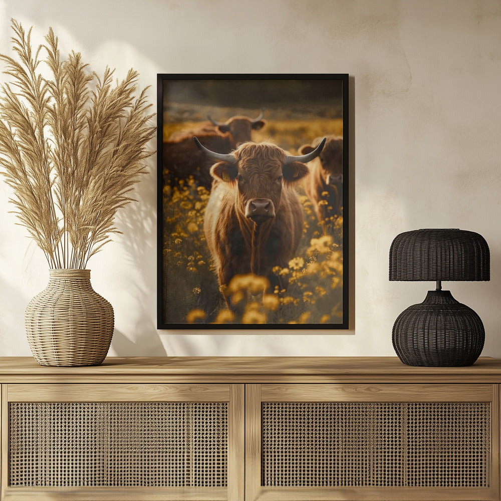 Highland Cows In Flower Field No 2 Poster