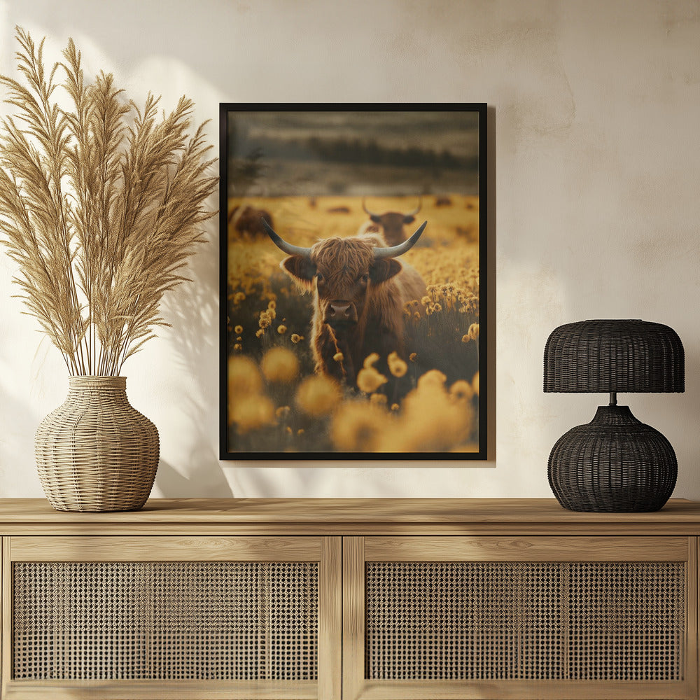 Highland Cows In Flower Field Poster