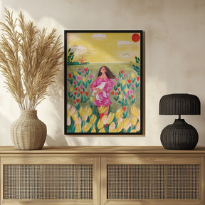 Woman in spring tulip field Poster