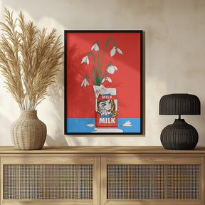 Snowdrops in Spilled Milk Carton Retro Illustration Poster