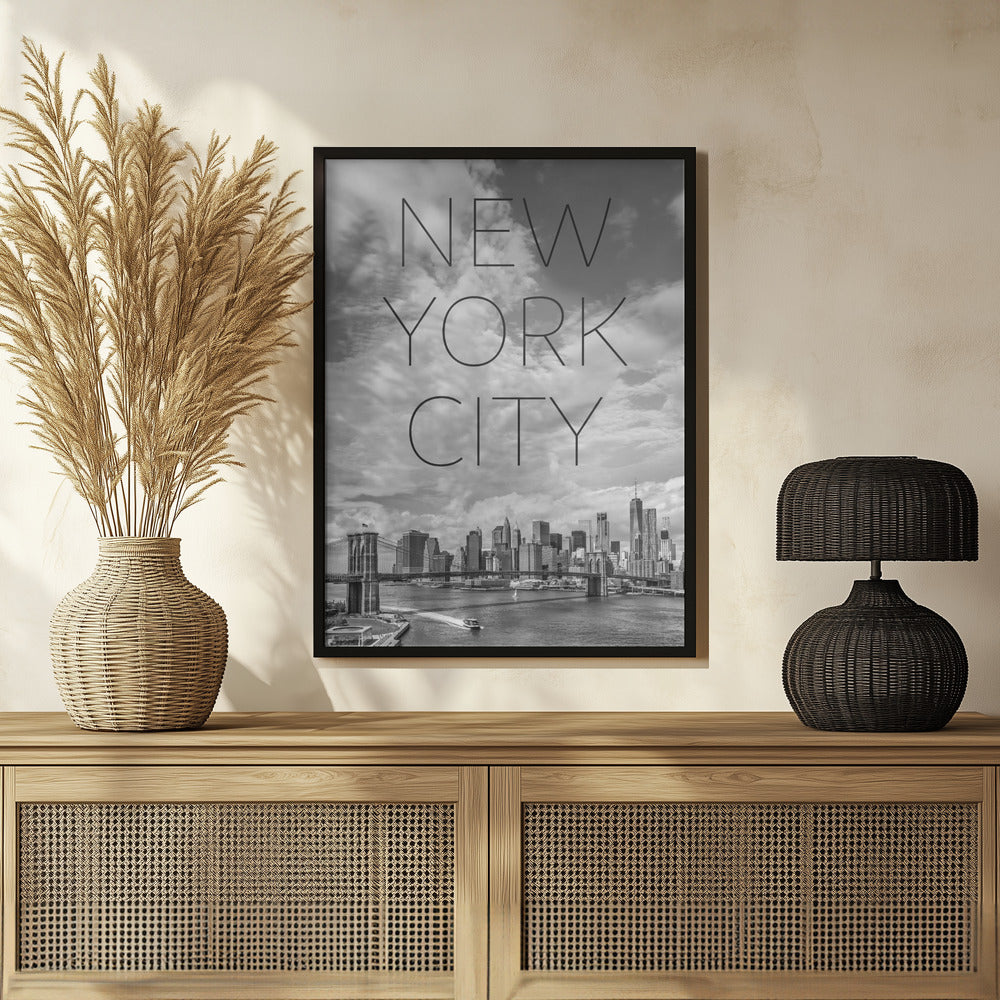 NYC Brooklyn Bridge &amp; Lower Manhattan | Text &amp; Skyline Poster