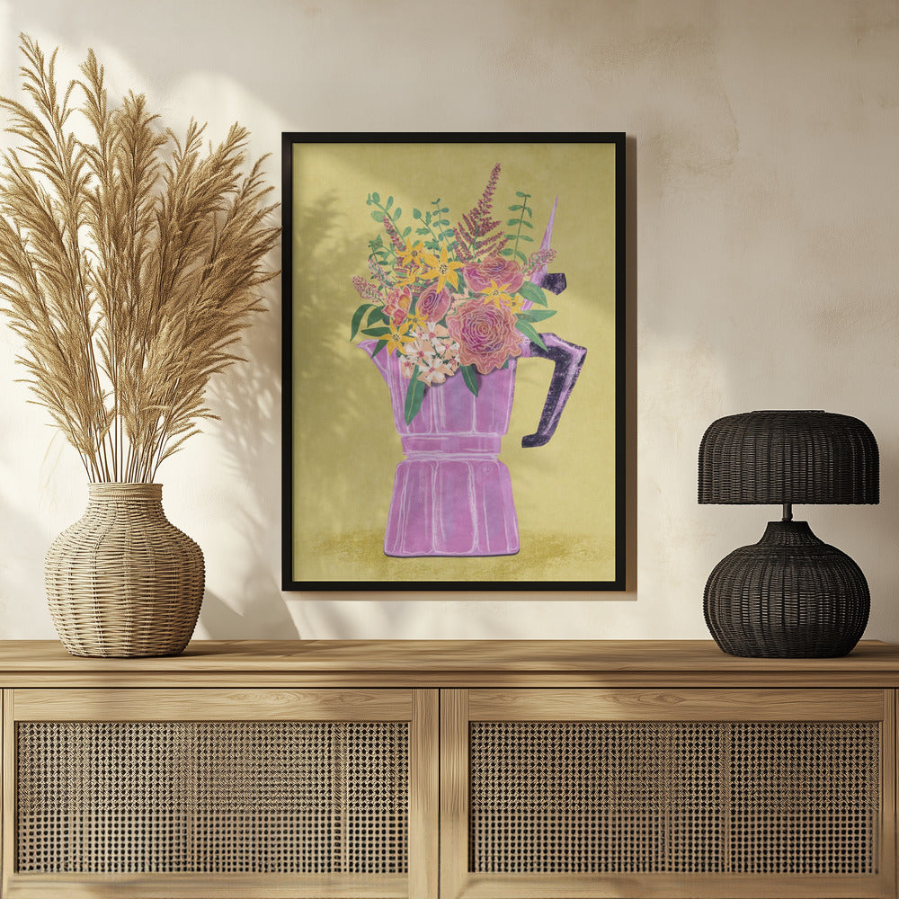 Espresso Maker with Flowers Poster