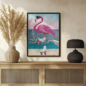 Flamingo rollerskating on the beach Poster