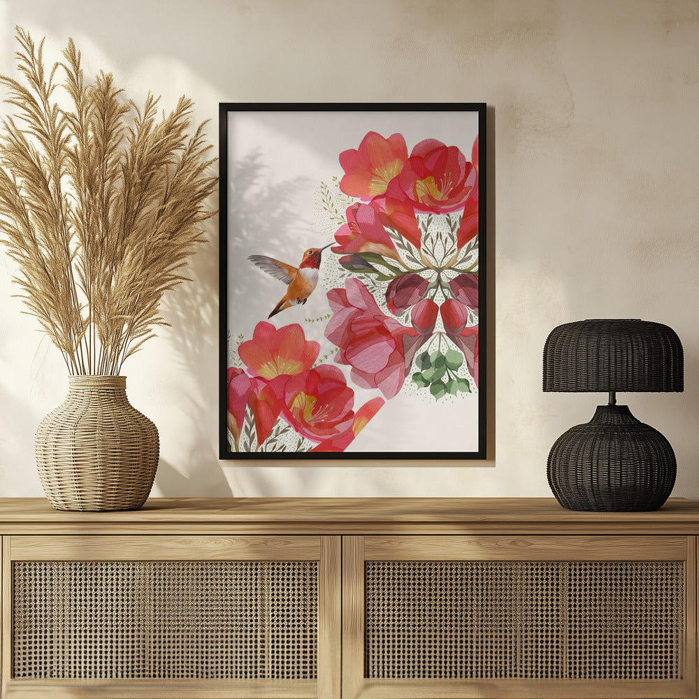 Hummingbird and Flowers Poster