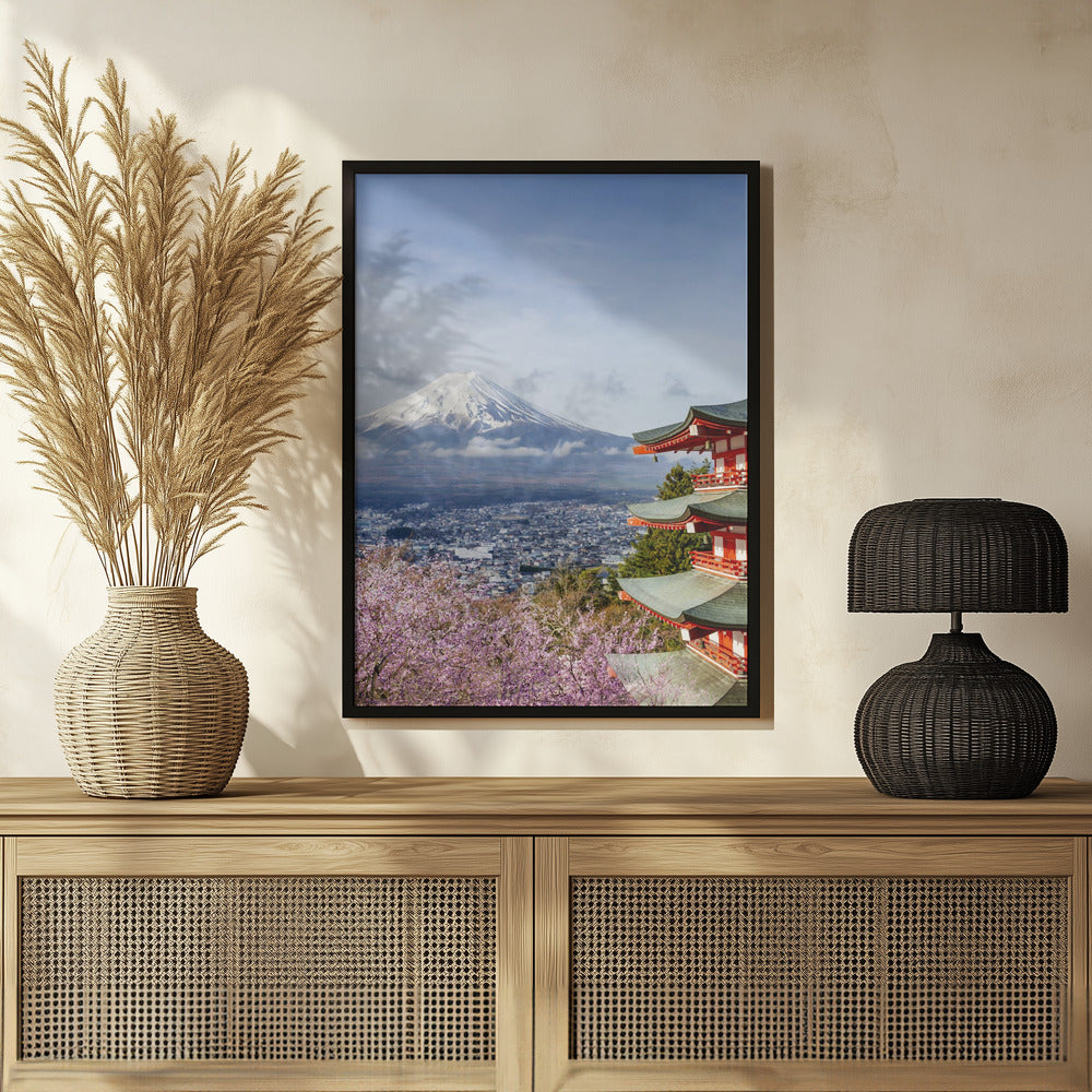 Unique view of Mount Fuji with Chureito Pagoda during cherry blossom season Poster