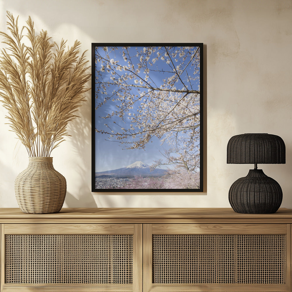 Charming view of Mount Fuji with cherry blossoms	 Poster