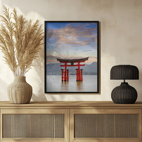 Vermilion Torii of Itsukushima Shrine on Miyajima in the evening Poster