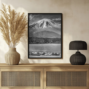 Picturesque Lake Shoji with striking Mount Fuji - monochrome Poster