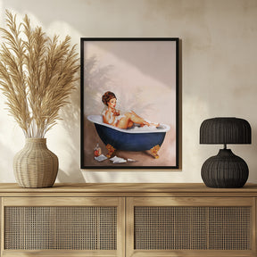 Bathtub Drinks: Pinup Girl Drinking In Bathroom Poster