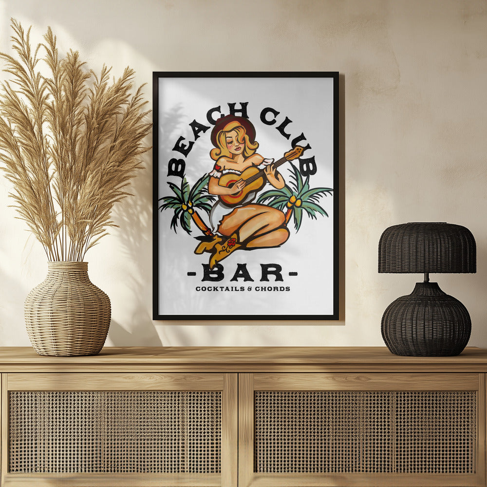 Beach Club Bar. Sailor Jerry Style Pin-up Girl Playing Guitar Poster