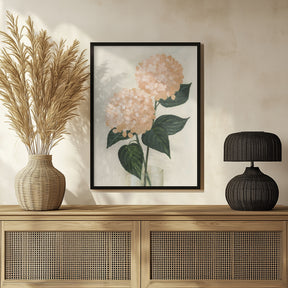 Coral hydrangeas in a vase Poster