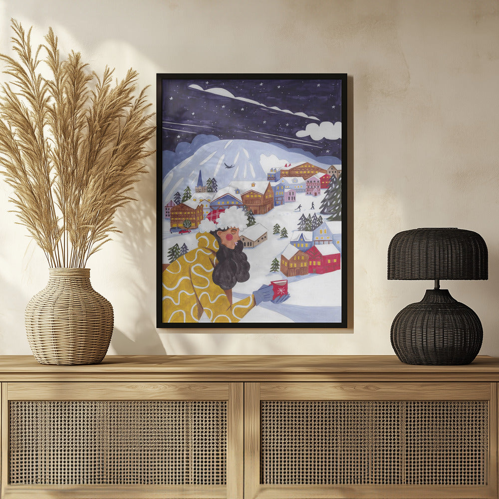 Winter Scene woman with coffee Poster