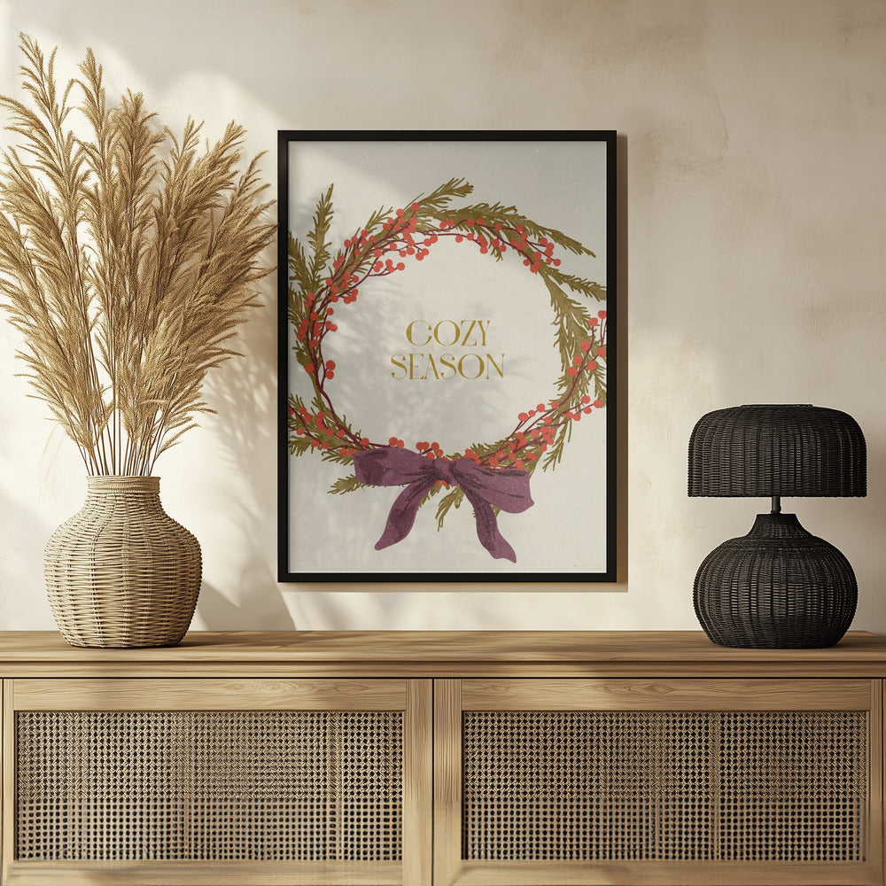 Cozy Season. Christmas wreath with bow Poster