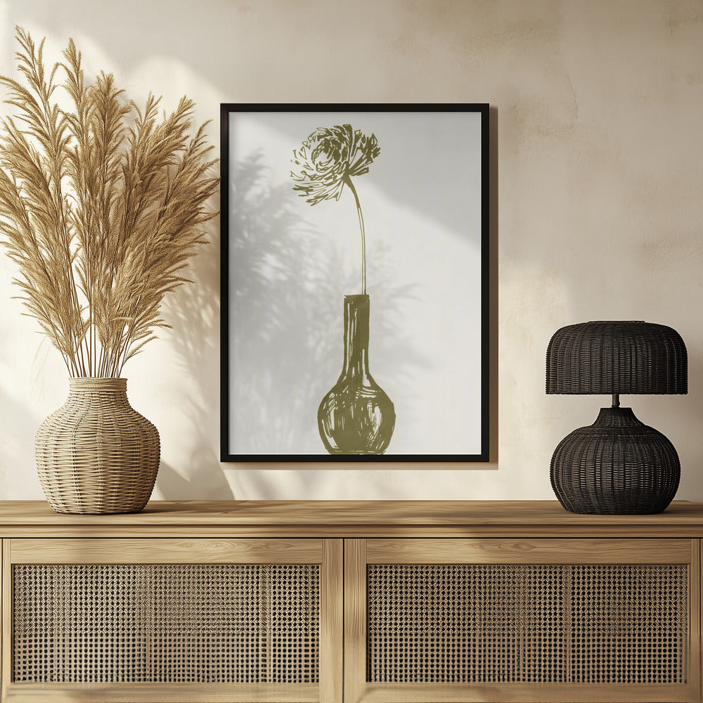 Flower in a vase ink sketch (olive green) Poster